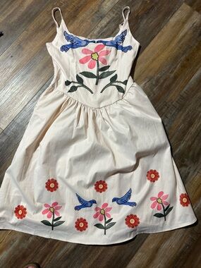 Boho women’s Cream Dress with Floral & Blue Bird Embroidery
